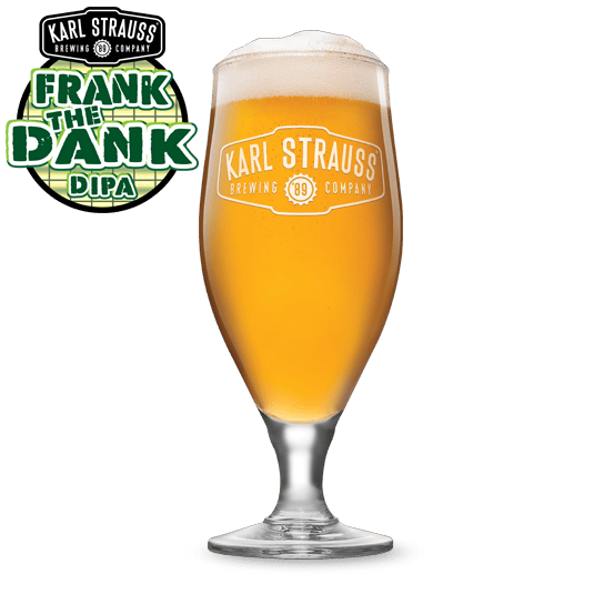 glass of beer with Frank the Dank Double IPA logo above